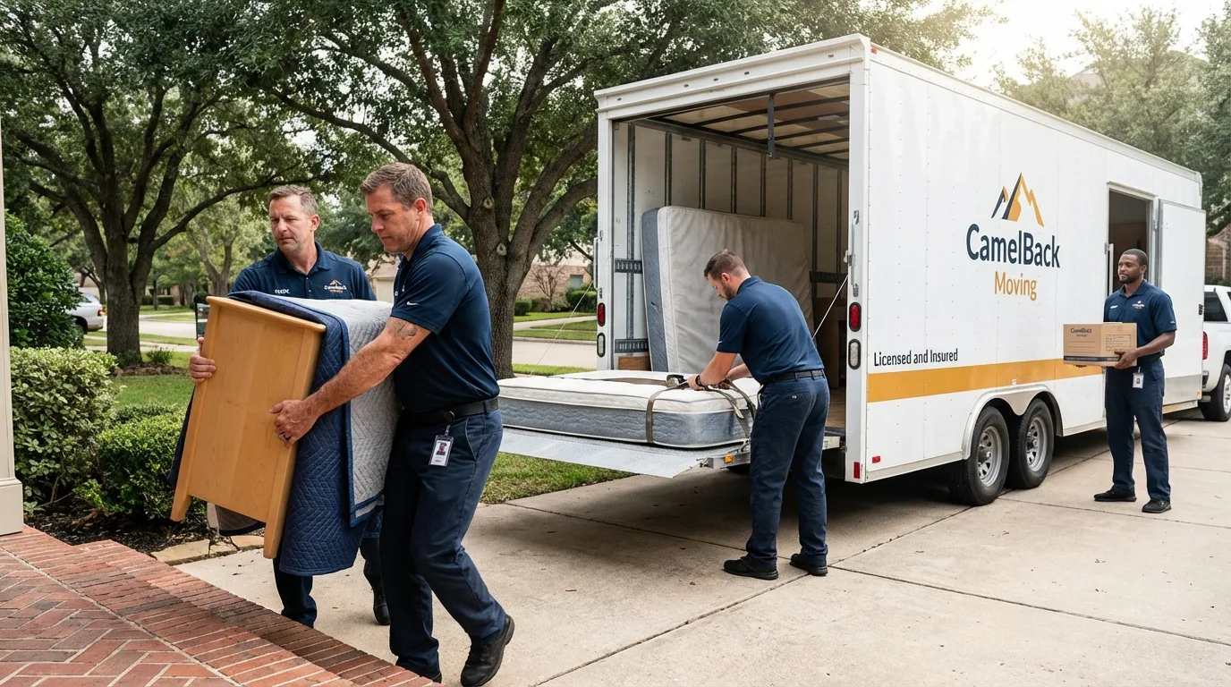 Crew loading residential truck for cross-state move from East Peoria, IL