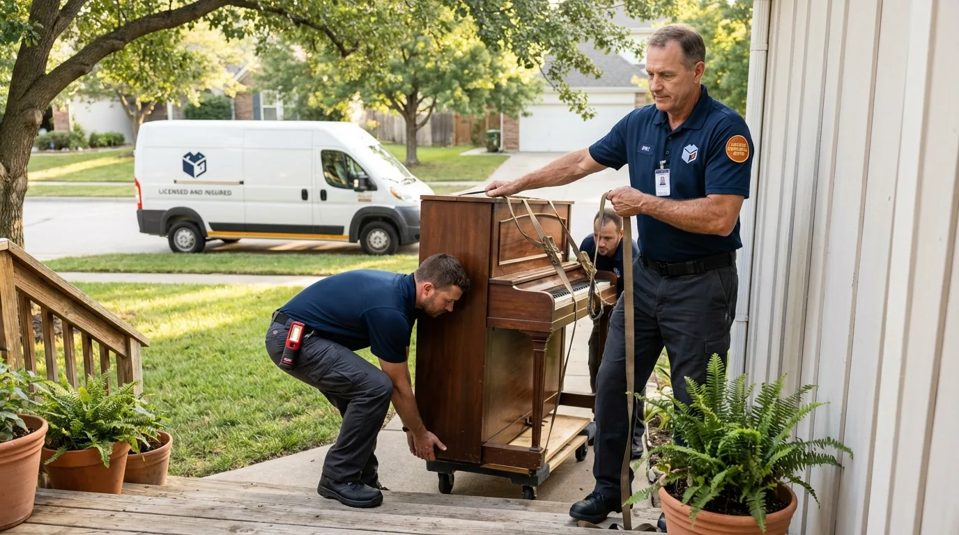 Licensed piano movers securing grand piano in East Peoria, IL