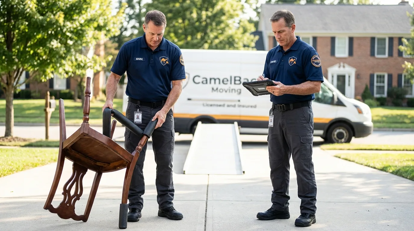 Movers inspecting furniture for damage prevention before loading in East Peoria, IL