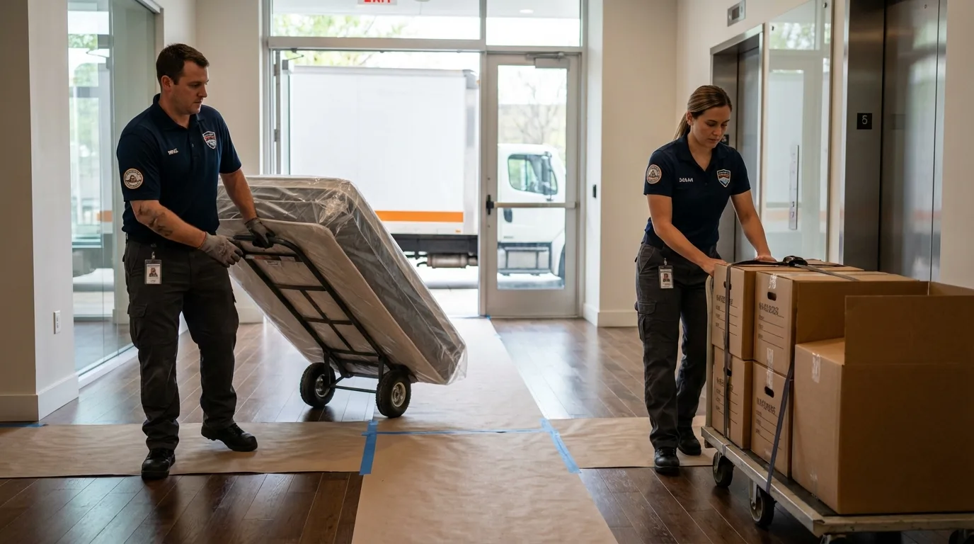 Professional apartment movers loading elevator in East Peoria, IL