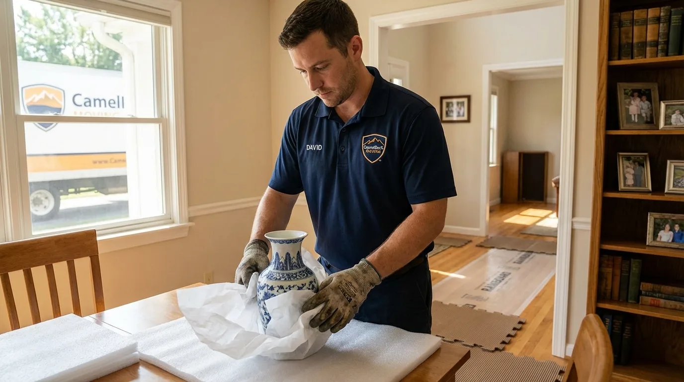 Professional crew carefully wrapping antique vase for senior downsizing move in East Peoria, IL