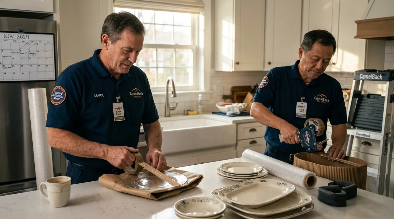 Professional crew packing kitchen dishware in East Peoria, IL